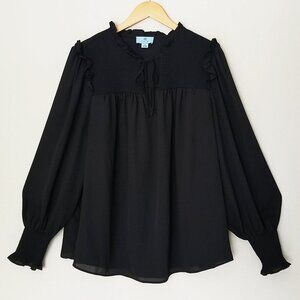 Cece Black Smocked Tie Neck Ruffle Long Sleeve Blouse Top 2X Chiffon Flowy Bow
